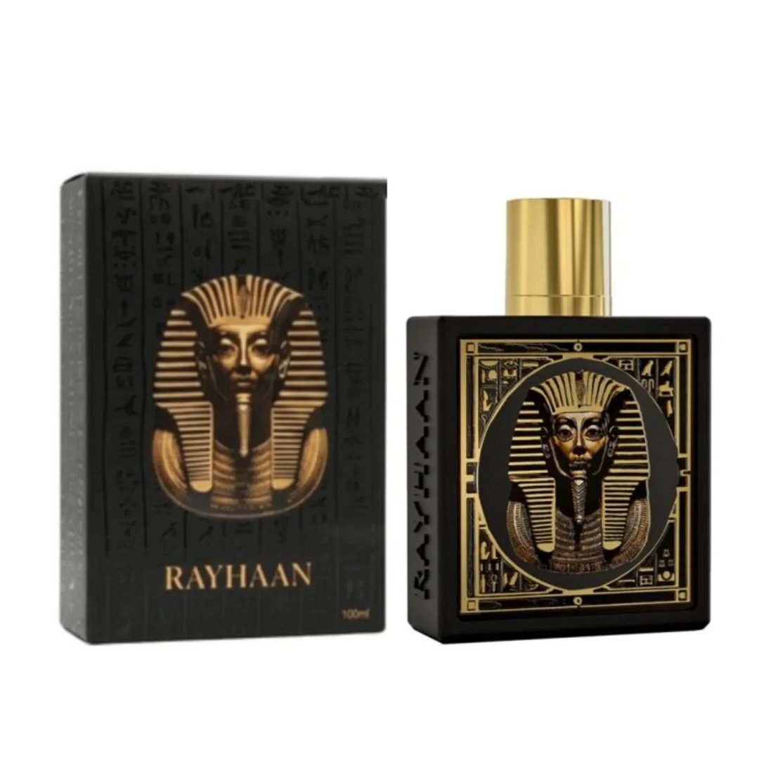 Rayhaan Pharaoh by Rayhaan 100ml EDP Unisex — Black perfume box and bottle featuring a gold pharaoh mask design, with hieroglyphics on the box.