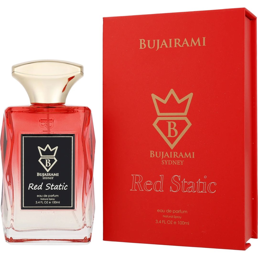 Bujairami Red Static — Red perfume bottle with gold cap next to matching red box with gold logo