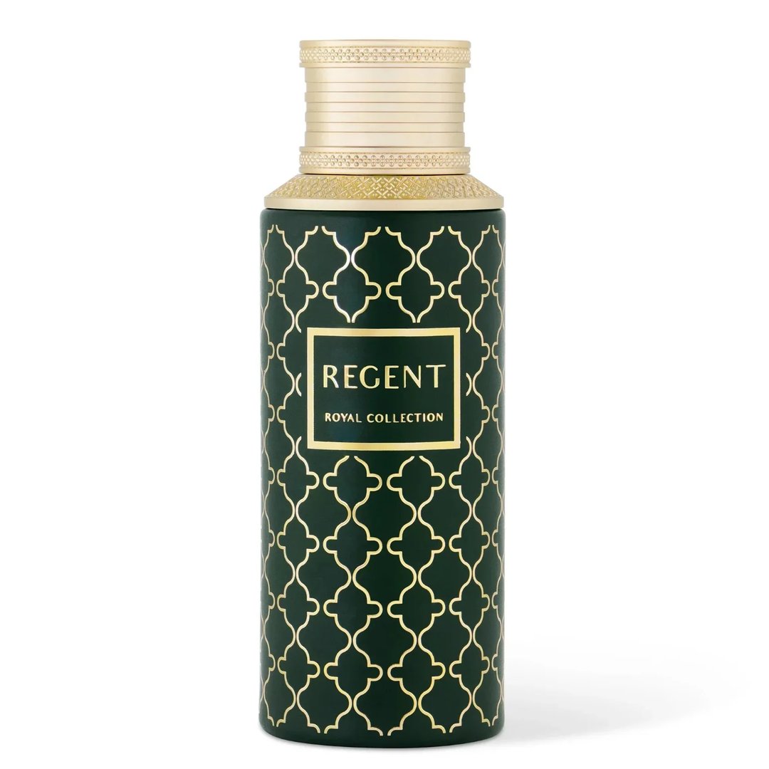 Maison Asrar Regent by Maison Asrar 100ml EDP Unisex — Dark green bottle with gold geometric pattern and gold cap, featuring a gold label with 'REGENT ROYAL COLLECTION' text.