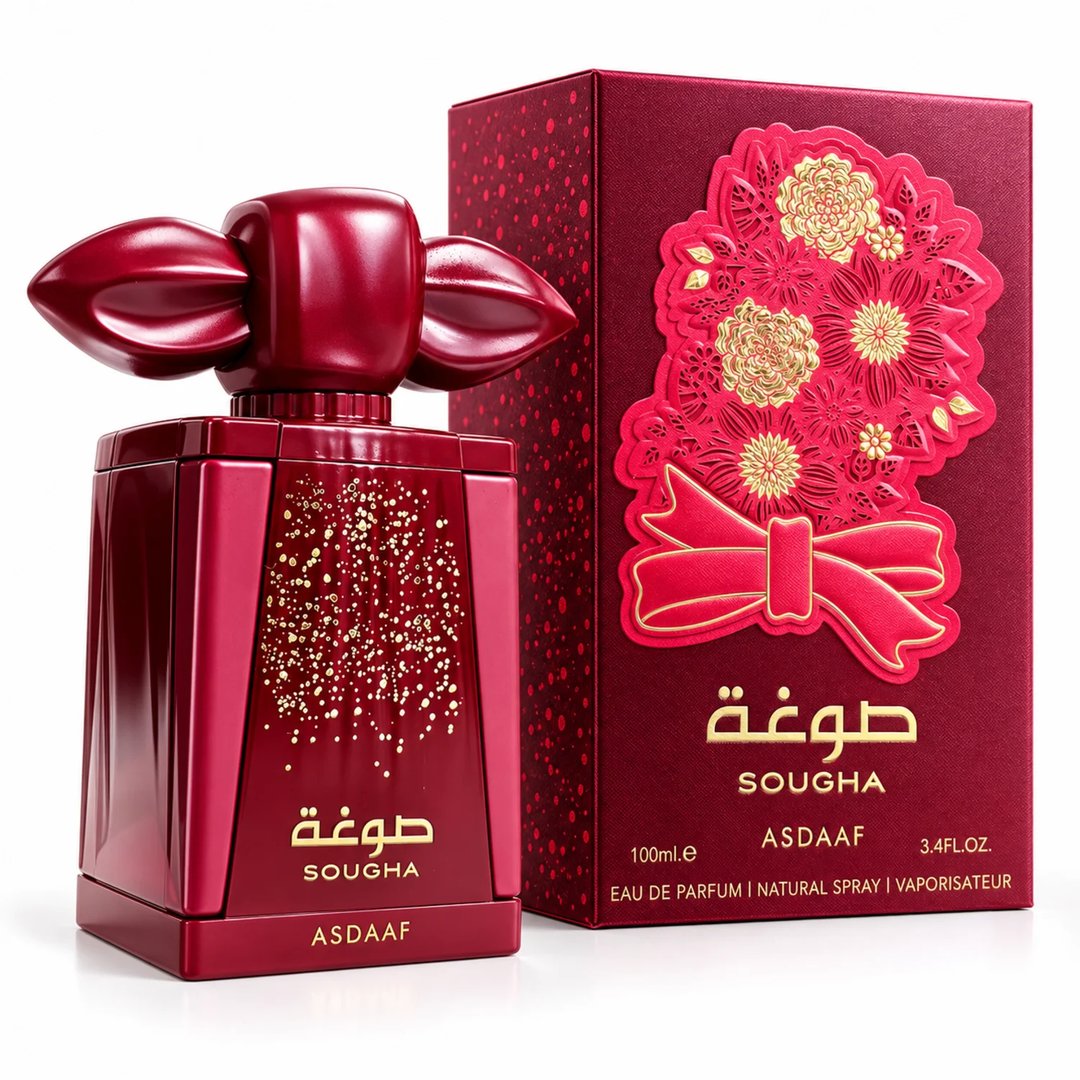 Asdaaf Sougha — Red perfume bottle with gold speckles and ornate floral embossed box with a red bow