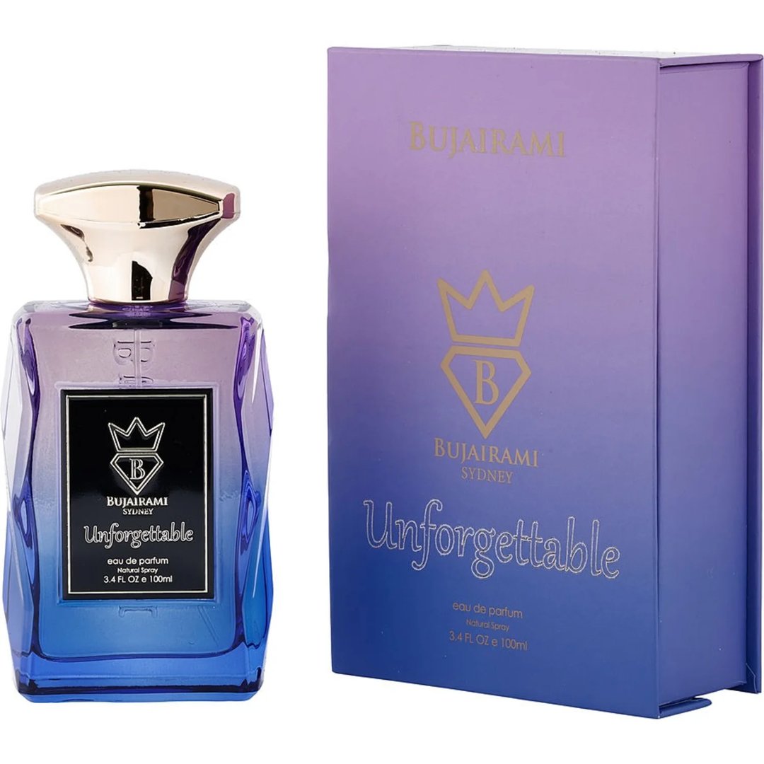 Bujairami Unforgettable Eau de Parfum — A faceted glass perfume bottle with a gold cap sits next to its gradient purple and