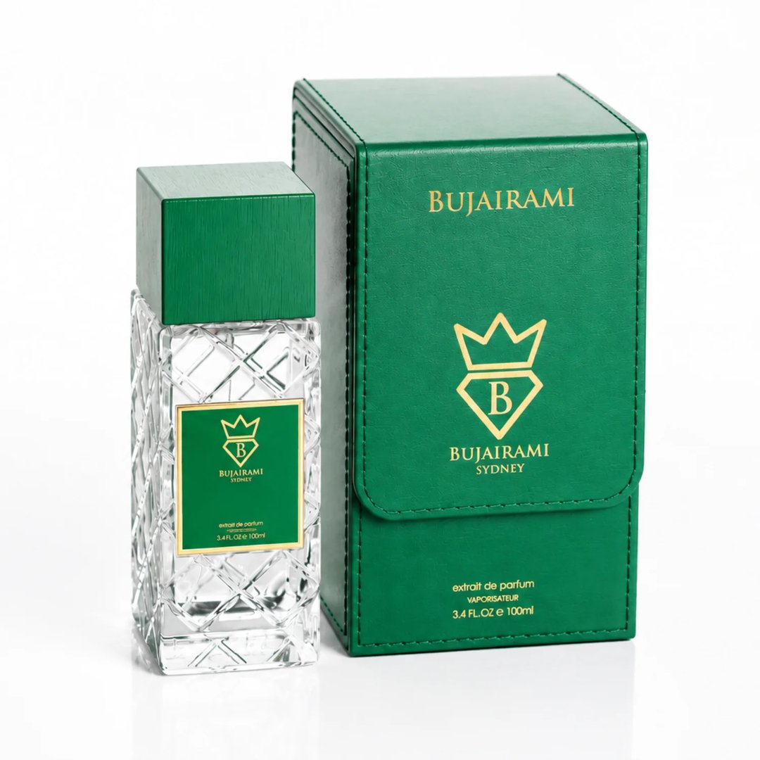Bujairami Vibration by Bujairami 100ml Extrait de Parfum — Clear glass bottle with green cap and label next to a green