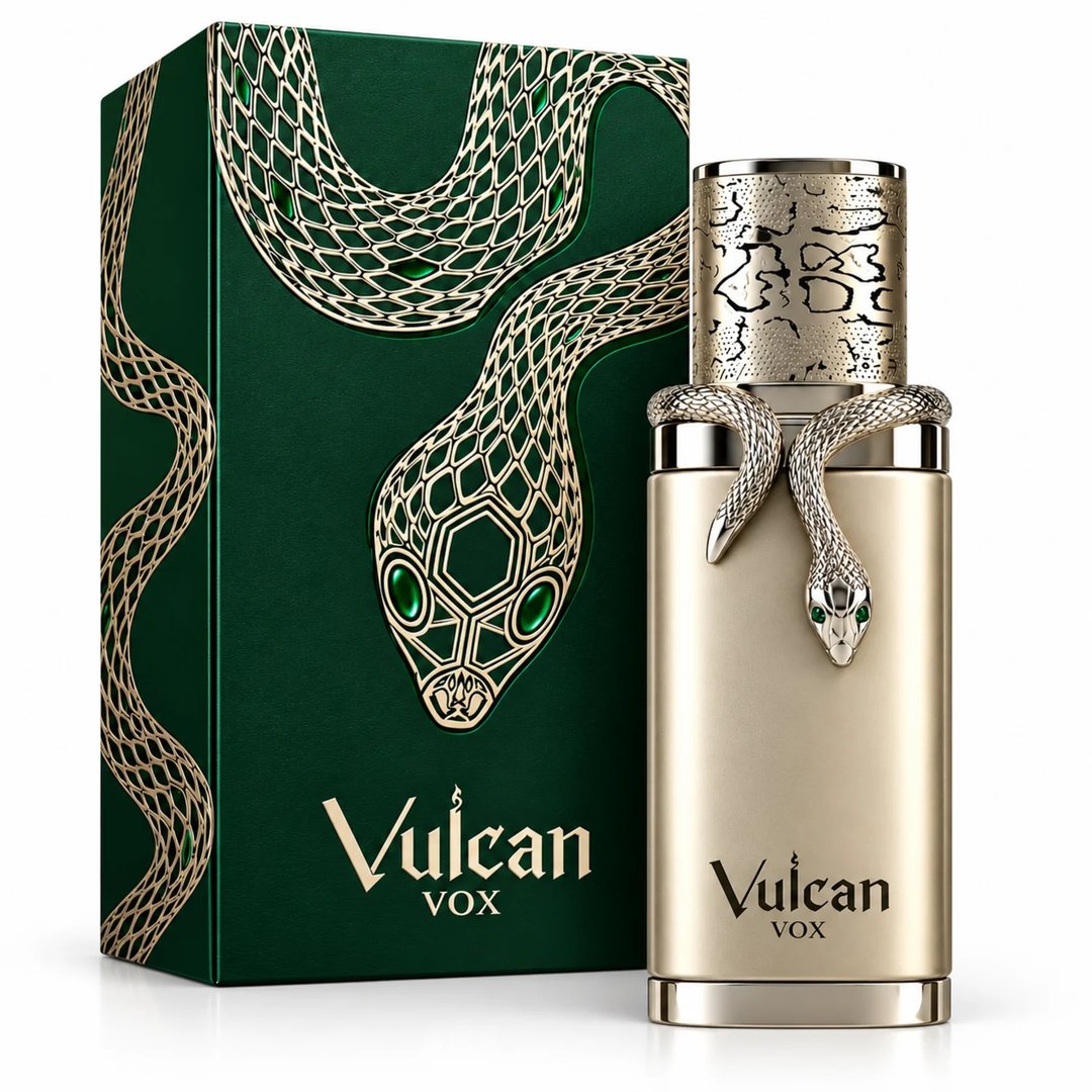 French Avenue Vulcan Vox — Gold perfume bottle with a silver snake coiled around the neck, placed next to a dark green box with a gold snake design and green gem eyes.