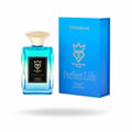 Bujairami Perfect Life — Blue glass perfume bottle with gold cap next to blue box with gold logo and text