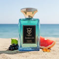 Bujairami Perfect Life — Blue glass perfume bottle with gold cap next to blue box with gold logo and text