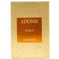Rayhaan Adonis Icarus Perfume — A gold embossed box sits next to a square amber glass perfume bottle with a gold cap, both featuring intricate embossed patterns. | Rayhaan Adonis Icarus Perfume — Kotak emas bertekstur duduk bersebelahan botol minyak wangi kaca berwarna ambar berbentuk segi empat dengan penutup emas
