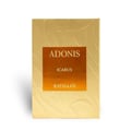 Rayhaan Adonis Icarus Perfume — A gold embossed box sits next to a square amber glass perfume bottle with a gold cap, both featuring intricate embossed patterns. | Rayhaan Adonis Icarus Perfume — Kotak emas bertekstur duduk bersebelahan botol minyak wangi kaca berwarna ambar berbentuk segi empat dengan penutup emas