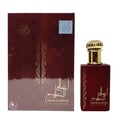 Ard Al Zaafaran Ahlam Al Khaleej 80ml by Ard Al Zaafaran — A red perfume box with gold intricate patterns and a matching red perfume bottle with a gold cap, displayed side-by-side on a white reflective surface. | Ard Al Zaafaran Ahlam Al Khaleej 80ml by Ard Al Zaafaran — Kotak minyak wangi merah dengan corak emas yang