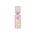 Lattafa Ajwad Pink 2 Pink Creamy Elixir EDP — Pink rectangular bottle with a colorful wavy pattern, topped with a smaller black cap featuring a similar wavy design and gold accents.