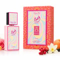 Lattafa Ajwad Pink 2 Pink Creamy Elixir EDP — Pink rectangular bottle with a colorful wavy pattern, topped with a smaller black cap featuring a similar wavy design and gold accents.