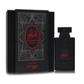 Zimaya Al Embratur Absolu Eau De Parfum 100ml by Zimaya — Black perfume bottle and box with intricate grey patterns and red Arabic calligraphy | Zimaya Al Embratur Absolu Eau De Parfum 100ml by Zimaya — Botol dan kotak minyak wangi hitam dengan corak kelabu rumit dan kaligrafi Arab merah