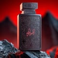 Zimaya Al Embratur Absolu Eau De Parfum 100ml by Zimaya — Black perfume bottle and box with intricate grey patterns and red Arabic calligraphy | Zimaya Al Embratur Absolu Eau De Parfum 100ml by Zimaya — Botol dan kotak minyak wangi hitam dengan corak kelabu rumit dan kaligrafi Arab merah