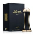 Lattafa Pride Al Khas Winners Trophy Gold 100ml — A black perfume box with gold Arabic and English text, and a gold-capped black perfume bottle shaped like an hourglass, displayed on a white background. | Lattafa Pride Al Khas Winners Trophy Gold 100ml — Kotak minyak wangi hitam dengan teks Arab dan Inggeris emas, dan