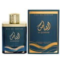 Ard Al Zaafaran Al Qannas Eau De Parfum 100ml — A blue perfume bottle and its matching blue box with gold Arabic calligraphy and wavy lines, displayed side-by-side on a white background. | Ard Al Zaafaran Al Qannas Eau De Parfum 100ml — Botol minyak wangi biru dan kotak birunya yang sepadan dengan kaligrafi Arab emas