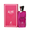 Maison Alhambra Alive Now — A bright pink faceted glass perfume bottle with a silver geometric cap stands next to its matching pink box, which features a dotted pattern and the brand logo. | Maison Alhambra Alive Now — Botol kaca berwarna merah jambu terang berbentuk faset dengan penutup geometri perak berdiri di