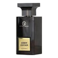Grandeur Amber Leather 100ml by Grandeur Perfumes — A dark glass perfume bottle with a gold label sits next to its black and gold striped box on a white background. | Grandeur Amber Leather 100ml oleh Grandeur Perfumes — Botol minyak wangi kaca gelap dengan label emas duduk di sebelah kotaknya yang berjalur hitam dan