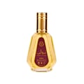 Ard Al Zaafaran Ameerat Al Arab Princess of Arabia 50ml — A red and gold perfume box stands next to a clear glass perfume bottle with a gold cap and a red label. | Ard Al Zaafaran Ameerat Al Arab Princess of Arabia 50ml — Kotak minyak wangi merah dan emas berdiri di sebelah botol minyak wangi kaca jernih dengan