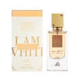 Lattafa Ana Abiyedh Poudree by Lattafa 60ml — A white perfume box with gold accents and Arabic calligraphy stands next to a clear glass perfume bottle with a gold cap and intricate gold detailing on the bottle. | Lattafa Ana Abiyedh Poudree by Lattafa 60ml — Kotak minyak wangi putih dengan aksen emas dan kaligrafi