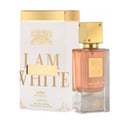 Lattafa Ana Abiyedh Poudree by Lattafa 60ml — A white perfume box with gold accents and Arabic calligraphy stands next to a clear glass perfume bottle with a gold cap and intricate gold detailing on the bottle. | Lattafa Ana Abiyedh Poudree by Lattafa 60ml — Kotak minyak wangi putih dengan aksen emas dan kaligrafi