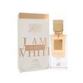 Lattafa Ana Abiyedh Poudree by Lattafa 60ml — A white perfume box with gold accents and Arabic calligraphy stands next to a clear glass perfume bottle with a gold cap and intricate gold detailing on the bottle. | Lattafa Ana Abiyedh Poudree by Lattafa 60ml — Kotak minyak wangi putih dengan aksen emas dan kaligrafi