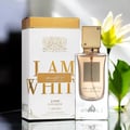 Lattafa Ana Abiyedh Poudree by Lattafa 60ml — A white perfume box with gold accents and Arabic calligraphy stands next to a clear glass perfume bottle with a gold cap and intricate gold detailing on the bottle. | Lattafa Ana Abiyedh Poudree by Lattafa 60ml — Kotak minyak wangi putih dengan aksen emas dan kaligrafi
