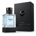 French Avenue Arsh Black Ice — A clear glass perfume bottle with light blue liquid and black cap sits on a black base, next to a black perfume box with a circular logo.