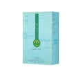 Lattafa Atlas Glacial Valley — A light blue textured box stands next to a clear glass perfume bottle with a light yellow liquid. The box has green vertical stripes and a tree graphic. The bottle has a teal cap with a tree charm.