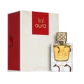 Lattafa Aura Lattafa 60ml EDP — A white and red box with gold line art is displayed next to a clear glass perfume bottle with a gold patterned cap, both featuring the Lattafa Aura branding. | Lattafa Aura Lattafa 60ml EDP — Kotak putih dan merah dengan seni garis emas dipamerkan di sebelah botol minyak wangi kaca