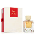 Lattafa Aura Lattafa 60ml EDP — A white and red box with gold line art is displayed next to a clear glass perfume bottle with a gold patterned cap, both featuring the Lattafa Aura branding. | Lattafa Aura Lattafa 60ml EDP — Kotak putih dan merah dengan seni garis emas dipamerkan di sebelah botol minyak wangi kaca