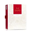Lattafa Aura Lattafa 60ml EDP — A white and red box with gold line art is displayed next to a clear glass perfume bottle with a gold patterned cap, both featuring the Lattafa Aura branding. | Lattafa Aura Lattafa 60ml EDP — Kotak putih dan merah dengan seni garis emas dipamerkan di sebelah botol minyak wangi kaca