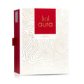 Lattafa Aura Lattafa 60ml EDP — A white and red box with gold line art is displayed next to a clear glass perfume bottle with a gold patterned cap, both featuring the Lattafa Aura branding. | Lattafa Aura Lattafa 60ml EDP — Kotak putih dan merah dengan seni garis emas dipamerkan di sebelah botol minyak wangi kaca