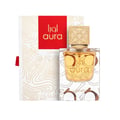 Lattafa Aura Lattafa 60ml EDP — A white and red box with gold line art is displayed next to a clear glass perfume bottle with a gold patterned cap, both featuring the Lattafa Aura branding. | Lattafa Aura Lattafa 60ml EDP — Kotak putih dan merah dengan seni garis emas dipamerkan di sebelah botol minyak wangi kaca