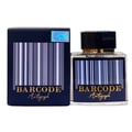 Paris Corner Autograph 100ml — A perfume bottle and its box are displayed side-by-side against a white background. Both feature a barcode design and the text "BARCODE Autograph" in gold lettering. | Paris Corner Autograph 100ml — Sebotol minyak wangi dan kotaknya dipamerkan bersebelahan di atas latar belakang putih.