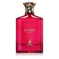 Maison Alhambra Avant Ruby Eau De Parfum 100ml — A bright pink glass perfume bottle with a gold textured cap stands next to its white and gold patterned box, both featuring the Avant Ruby branding and a deer logo. | Maison Alhambra Avant Ruby Eau De Parfum 100ml — Botol kaca berwarna merah jambu terang dengan penutup