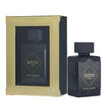 Lattafa Badee Al Oud Lattafa Black Exposed 100ml — Black perfume bottle and its gold-accented box, displayed side-by-side on a white background.