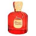 Maison Alhambra Baroque Rouge Extrait 100ml by Maison Alhambra — Red faceted glass perfume bottle with gold cap next to a red and gold ornate box with a bird and deer motif | Maison Alhambra Baroque Rouge Extrait 100ml by Maison Alhambra — Botol kaca merah berfaset dengan penutup emas di sebelah kotak merah dan emas