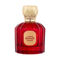 Maison Alhambra Baroque Rouge Extrait 100ml by Maison Alhambra — Red faceted glass perfume bottle with gold cap next to a red and gold ornate box with a bird and deer motif | Maison Alhambra Baroque Rouge Extrait 100ml by Maison Alhambra — Botol kaca merah berfaset dengan penutup emas di sebelah kotak merah dan emas