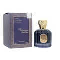 Maison Alhambra Baroque Satin Oud 100ml — A dark glass perfume bottle with a gold textured cap sits next to its matching dark box with gold geometric patterns. | Maison Alhambra Baroque Satin Oud 100ml — Botol minyak wangi kaca gelap dengan penutup bertekstur emas terletak di sebelah kotak gelapnya dengan corak