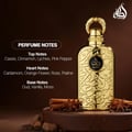 Lattafa Bayaan Eau De Parfum — A gold-colored perfume bottle with ornate Arabic script and a gold ring handle sits next to its matching gold box, also adorned with script and a circular logo. | Lattafa Bayaan Eau De Parfum — Botol minyak wangi berwarna emas dengan skrip Arab berhias dan pemegang cincin emas duduk