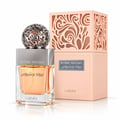 Lattafa Beyond Precious by Lattafa 100ml EDP Women — Clear glass perfume bottle with orange liquid, silver ornate sphere cap, and a peach decorative box with intricate cutouts.