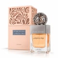Lattafa Beyond Precious by Lattafa 100ml EDP Women — Clear glass perfume bottle with orange liquid, silver ornate sphere cap, and a peach decorative box with intricate cutouts.