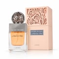 Lattafa Beyond Precious by Lattafa 100ml EDP Women — Clear glass perfume bottle with orange liquid, silver ornate sphere cap, and a peach decorative box with intricate cutouts.