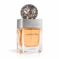 Lattafa Beyond Precious by Lattafa 100ml EDP Women — Clear glass perfume bottle with orange liquid, silver ornate sphere cap, and a peach decorative box with intricate cutouts.