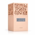 Lattafa Beyond Precious by Lattafa 100ml EDP Women — Clear glass perfume bottle with orange liquid, silver ornate sphere cap, and a peach decorative box with intricate cutouts.