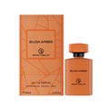 Grandeur Blush Amber 100ml — An orange perfume bottle and its matching orange box with geometric patterns, displayed side-by-side against a white background. | Grandeur Blush Amber 100ml — Botol minyak wangi oren dan kotak orennya yang sepadan dengan corak geometri, dipaparkan bersebelahan di atas latar belakang putih.