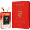 Bujairami Blush Eau de Parfum — Red box and glass bottle with gold cap and red liquid, black label with gold crown and B logo
