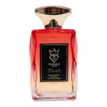 Bujairami Blush Eau de Parfum — Red box and glass bottle with gold cap and red liquid, black label with gold crown and B logo