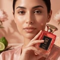 Bujairami Blush Eau de Parfum — Red box and glass bottle with gold cap and red liquid, black label with gold crown and B logo
