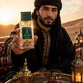 Bujairami Born Nomad — Teal leather case and gold-accented glass perfume bottle with teal cap, both featuring the Bujairami