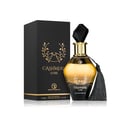 Grandeur Cashmere Luxe 100ml by Grandeur — A faceted glass perfume bottle with a black gem-like cap and a black tassel hanging from the neck, against a white background. | Grandeur Cashmere Luxe 100ml by Grandeur — Botol kaca berfaset dengan penutup seperti permata hitam dan juntai hitam tergantung di lehernya